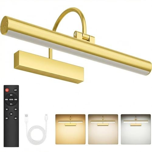 Gresonic Bilderleuchte Kabellos Akku, 42cm Wiederaufladbar LED Bildlampe mit Fernbedienung Timer, 3 Farbtemperaturen Dimmbar, 210° Drehbar Bildbeleuchtung aus Acryl für Wandbild Spiegel, 5200mAh Gold