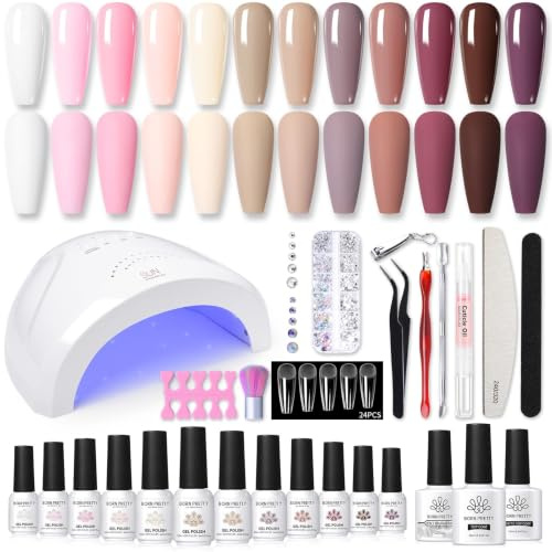 Born Pretty 47 st komplett U V gel nagelkit halvpermanent lacksats (12 färger + 2 st topplack + 8 i 1 nagellim) och 48 W LED-lampa, naken rosa lila manikyrverktygssats