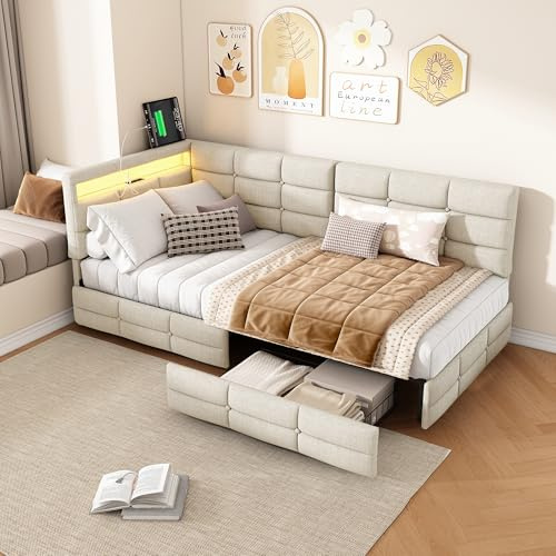 Einzelbett 90x200cm, Schlafsofa mit 2 Schubladen, Polsterbett mit USB-Ladeanschluss, Jugendbett Daybett Tagesbett mit LED Beleuchtung für Wohnzimmer Gästezimmer, ohne Matratze (Beige, 90x200cm)