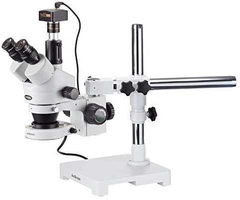 AmScope SM-3TZ-80S-5M Trinokulares 80-LED Boom Ständer Stereomikroskop mit 5MP Kamera, 3.5X-90X, Weiß