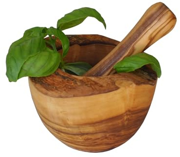 Naturally Med - Mortier et Pilon en Bois d'Olivier, Rustique - 14cm