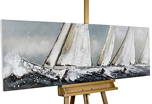 KunstLoft Leinwandbild | 100% HANDGEMALT | 150x50cm | Gemälde 'Helden der See' | Schiffe & Boote | Blau | Wandbild Wohnzimmer