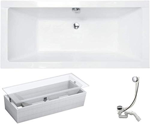 VBChome Vasca da Bagno Rettangolare 170x75 cm in Acrilico Bianca – Design Moderno per 2 Persone, con Set di Supporto in Polistirolo e Sifone Cromato Incluso