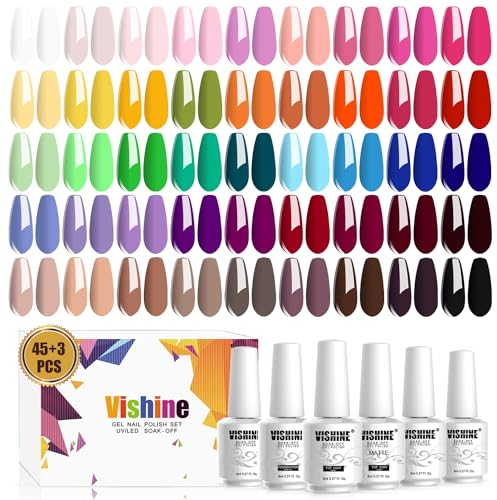 Vishine Vernis Gel Semi Permanent Lot de 48 Flacons - 45 Couleurs populaire Rose Rouge Jaune avec Base Top Coat & Matte Top Coat UV LED Soak Off Vernis à Ongle Soak Off Nail Art 48pcs 8ml