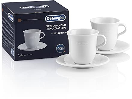 De'Longhi DLSC309 Set di 2 tazze in porcellana ceramica, Made in Italy, per Cappuccino e Latte Macchiato, Confortevole da Tenere, Lavabile in Lavastoviglie, Capacità 270ml ciasc. + i piattini