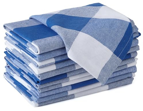 Encasa XO Stoffservietten, 100% Baumwolle,Gewebt43x43 cm | Büffelblaue Karos, Garngefärbt 200 GSM | Saugstark | Maschinenwaschbar 40°C | 6er oder 12er Set