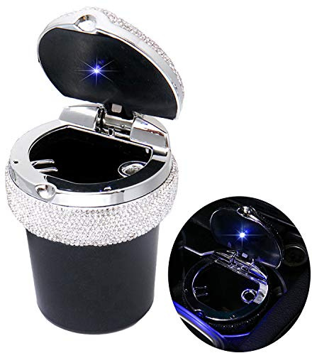 Car Ashtray, Portable Cigarette Smokeless Cylinder Cup Holder with Blue LED Light Indicator, Car Accessories for Women,Ideal for Car,Home and Office, Black.