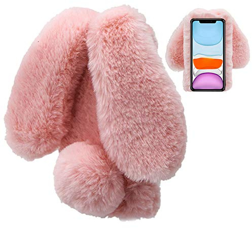 LCHDA Plüsch Hülle für iPhone 12 / iPhone 12 Pro 6,1 Flauschige Hasen Fell Künstliche Kaninchen Pelz Niedlich Hasenohren Mädchen Süße Handytasche Stoßfest Schützend TPU Silikonhülle - Rosa