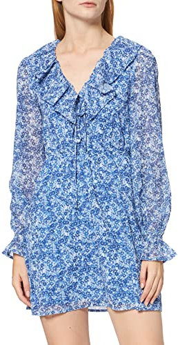NA-KD Mujer Frill V-Neck Mini Dress Casual, Blue Comb, EU 40