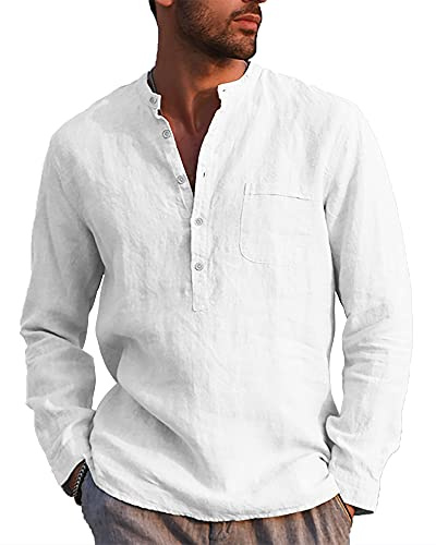 LVCBL Camicia da Uomo A Maniche Lunghe Estiva per Il Tempo Libero in Lino Vestibilit Normale Bianco M
