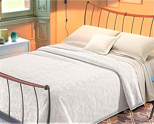 SpazioTessile Coperta Copriletto Broccato Piquet Roseto Bianco Pizzo 100% Cotone Made in Italy (Singolo 180x250)