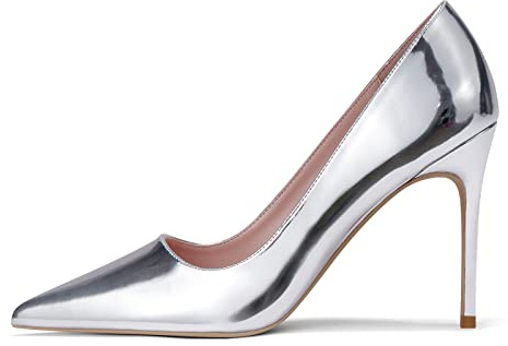 Zhabtuc kvinnor högklackade skor spetsig stängd tå slip on stilettos 10 cm fest bal bröllop klackade skor, SILVER, 36 EU