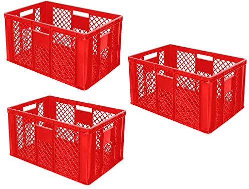 BRB 3x Eurobehälter durchbrochen, Stapelkorb, Industriequalität, lebensmittelecht, 600x400x320 mm (rot)