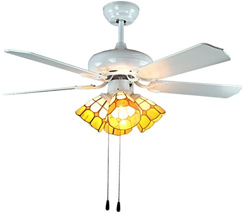 GAUUA 42/52 Inches Tiffany Style Pendant Lights with Remote Control Solid Wood Ceiling Fans with Lamps Vintage Stained Glass Shade LED Fan Chandelier Lamp Living Room Bedroom,5heads