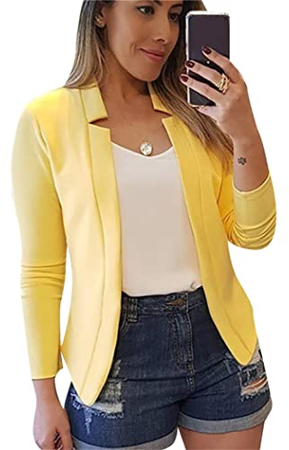OMZIN Damen Casual Solid Office Blazer Stehkragen Open Front Cardigans Jacke Arbeitsanzug Gelb XL