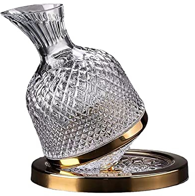 Decantador de vino de cristal - Aireador giratorio de jarra de vino tinto con base de acero inoxidable - Jarra vertedora de vidrio de 1.2L / 40Oz para bebedor de licor de vino/Gold