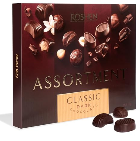 Roshen Assortment Dark Chocolate Scatola Cioccolatini Fondenti, Praline Ripiene Gourmet con Crème Brûlée, Crema alla Nocciola, Fondente al Caffè, Crema di Nocciola Fondente, Ideale per Compleanni