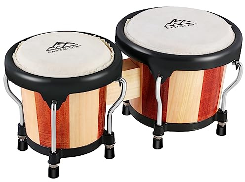 EASTROCK Bongos con Acabado natural y Llave de Afinación Bongo 4*5 Percusión Instrumentos de percusión de tambor de madera y metal sintonizables profesionales 12.4CM y 14.5CM (Roja y Natural)