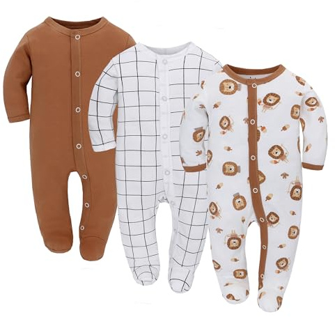 3PCS Baby Schlafstrampler Babychlafanzug Babyschlafsack Baumwolle mit Füßen mit knöpfen Gr. 56 62 68 für Junge Mädchen Neugborenen