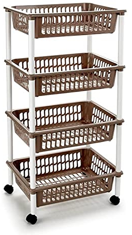 Acan Tradineur - Carrito verdulero Modelo PLFT de plástico con 4 Niveles y Ruedas, cestas apilables portaobjetos, Frutas, Verduras, Cocina, baño (Marrón Topo - 85 x 40 x 30 cm)