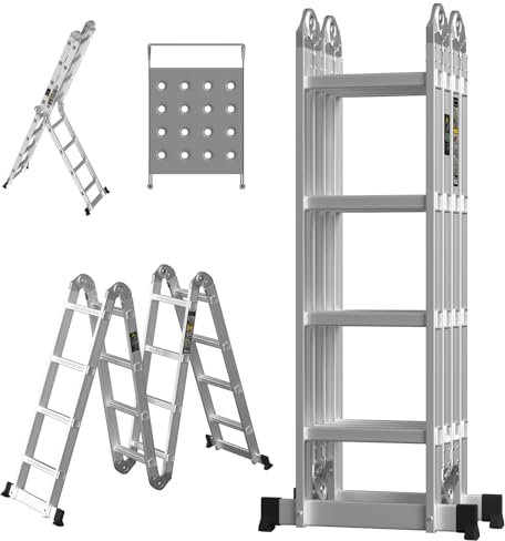 Scaffold Ladder 15.4Ft/4.7M Multi Purpose 4 x 4 Steps Combination Ladder Foldable with 1 Tool Tray, 330lbs Capacity Heavy Duty Aluminum EN131(7 in 1)