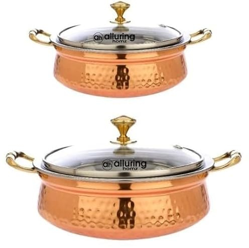 Olla Handi de acero inoxidable con acabado martillado de cobre con tapa de vidrio endurecido y perilla de latón con asas, ideal para servir alimentos en casa/restaurante/hoteles, 300 ml (paquete de 2)