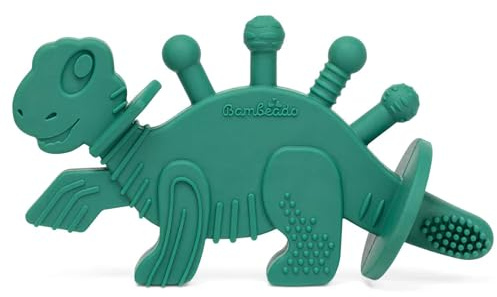 Bambeado Dibly Baby Teething Toy - Made with Natural Rubber & Amber Elements - Easy to Hold, Simple to Clean - Cute Dinosaur Teether Toy - Alternative to Amber Teething Necklace Green