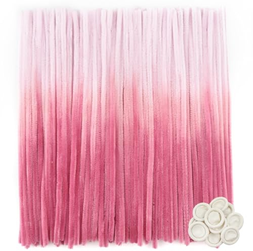TOAOB 100 st chenille-trådstavar, rör, rengörare, ljusrosa gradient 6 mm x 300 mm, med 10 st latexfingrar, kreativ fritid, perfekt för gör-det-själv-hantverk och dekoration