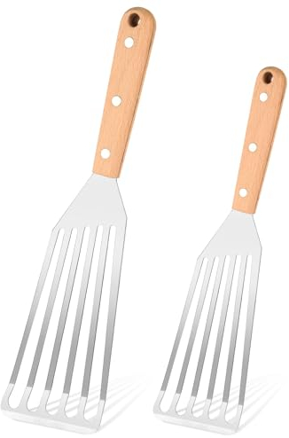 PBUSPU 2 Stück Pfannenwender Edelstahl, Holzgriff Fischwende, Grill Pfannenwender für Küche, Braten, Wenden Pfannenwender zum Kochen von Fisch, Ei, Fleisch, Knödelbraten