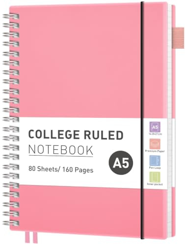 RETTACY A5 Spiral Notebook, Lined, Flexible Plastic Cover, College Ruled Paper, 80 Sheets/160 Pages, 100gsm, with Pocket, Pen Loop, Ruler & Bookmark - Pink, 14.5 x 20.7cm