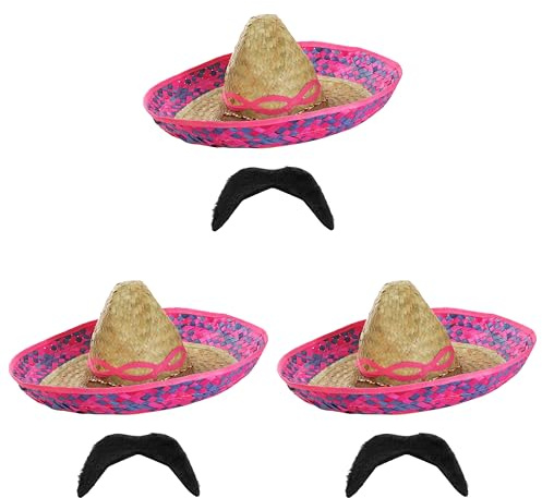 MEXICAN DELUXE ROSA BRODERAD SOMBRERO FÖR MÄN - STOR VILD VÄST RAW HATT + FAKE MOUSTACHE FANCY KLÄNNING SEMETIDERTILLBEHÖR IDEALISK FÖR SJÄLVNÄTT, STRANDFEST, SOMMAR