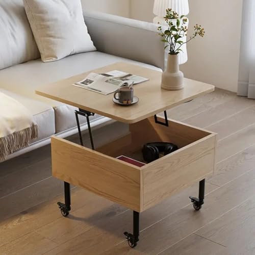 UPWONEC Bequemer Sofa Beistelltisch, Hebensfähiges Wohnzimmer Tee Tisch, Beweglicher Couchtisch Mit Rädern, Quadratischer Couchtisch Mit Stauraum,Wood