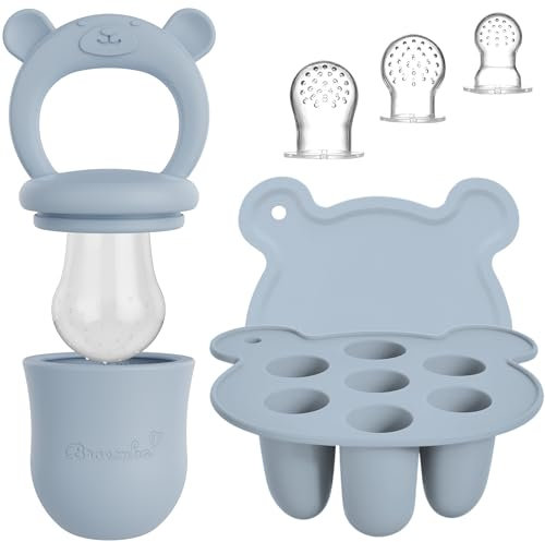 Baby Fruchtsauger & 3 Schnuller mit Eisform Set - Beiger Silikon Nahrungsschnuller mit Beißring, Fruchtschnuller für Obst & Gemüse, Eiswürfelform mit Deckel - Broemba®