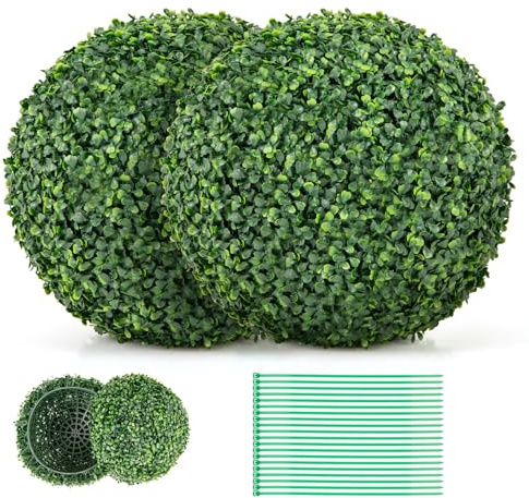 GOFLAME 2 PCS 16” Artificial Plant Topiary Ball, Faux Boxwood Decorative Balls Plants, Indoor Outdoor Topiary Spheres for Patio, Garden, Front Door, Backyard and Wedding Decoration