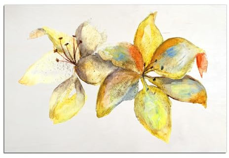 Wallario Wandbild aus Holz Aquarell von gelben Lilien - 60 x 90 cm in Premium-Qualität: Brillante Farben