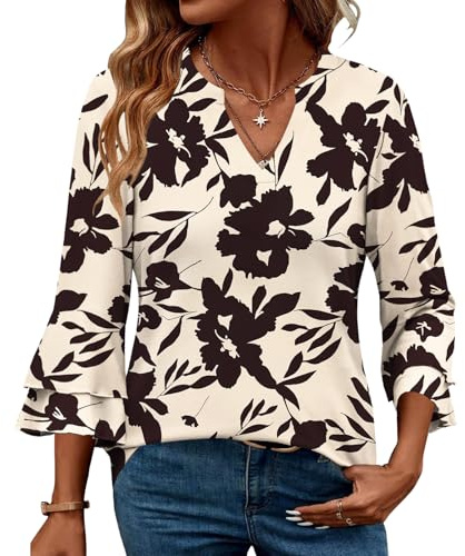 IEEILULU Blusa Donna Elegante Maniche a 3/4, Casual, alla Moda Scollo a V con Maniche a Volant Top (IT, Testo, L, Regular, Regular, Mandorla)