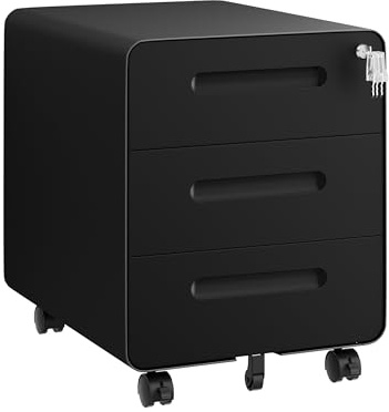 LVSTEEL Rollcontainer mit 3 Schubladen, Aktenschrank, Abgerundetes Eckendesign, Abschließbar, 4 Schlüsseln, Schubladenschrank für Büro und Home Office, Schwarz