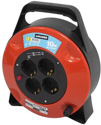 Prolongador eléctrico - prolongador de 10m con enrollacable, 3 tomas, cable de 1mm², ideal para uso doméstico y herramientas. *