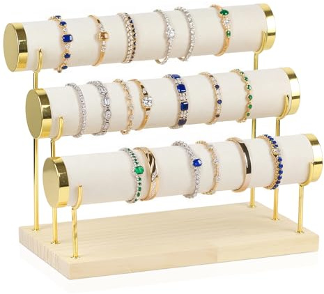 WENLISELL 3 Tiers Detachable Bracelet Holder Stand with Wooden Base, Velvet Bangle Storage Rack, Beige Bracelet Display Stand for Necklace, Watches, Rings
