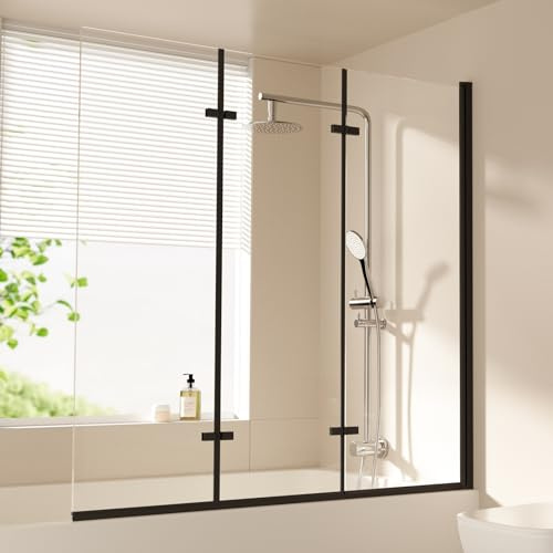 EMKE Badewanne Duschwand 130x140cm, 3-teilig Faltbar, Schwarz | 6 mm Sicherheitsglas, Beidseitig nano-beschichtet, Wasserdicht, Pflegeleicht, Aluminiumrahmen, Platzsparend
