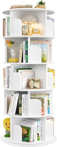 iSunirm Librería de 5 Niveles Giratoria 360°,Estanteria Esquinera de Pie de Madera,Organizador Multifuncional,Estantería de Pie para Salon,Estudio y Dormitorio,Blanco