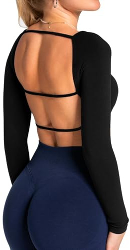 TZLDN Damen Rückenfrei Sport Top Langarmshirt Sport Oberteil Crop Tops Bauchfrei Sporttop Yoga Pilates Dance Rave Schwarz M