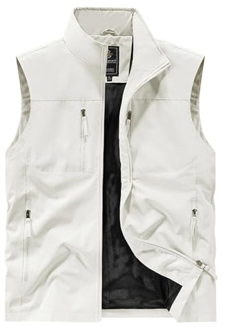 DFEK Men's Fishing Safari Utility Vest Lightweight Quick Dry Cargo Military Gilets Sleeveless Photography Hunting Camping Waistcoat Outdoor Travel Sleeveless Jacket with Pockets(C White,L)