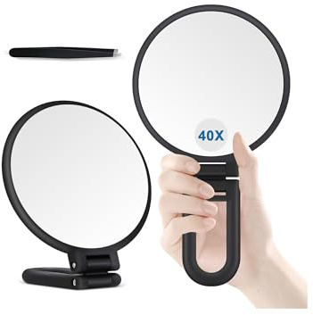 MIYADIVA 40X Magnifying Mirror, Hand Mirror for Makeup, Double Sided with 40X/1X Magnification, Travel Essential, Portable Foldable for Desktop and Bathroom, Gift for Women, Frosted Black