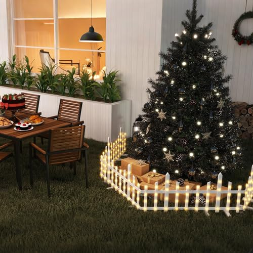 Aufun LED-Weihnachtsbaumzaun 8 Stück, 2.8 m Beleuchteter Gartenzaun, Weihnachtslandschaftslichter, Dekorativer weißer Kunststoff-Lattenzaun für Kinder, Haustiere, Zuhause, Blume