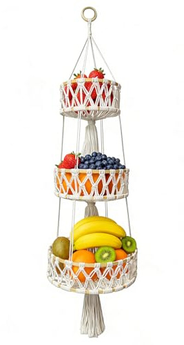 BUERPINKING Obstkorb HäNgend Obst Etagere 3 StöCkig, Hängekorb Küche, Handgewebte Hängekorb Obst für Obst, Gemüse und Snack Aufbewahrung