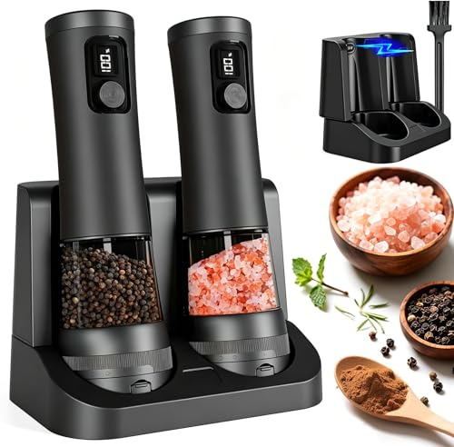 Veiliss 2pcs Electric Salt and Pepper Grinder Set with Battery Display Rechargeable Base, External Adjustable Coarseness, Automatic Ceramic Salt & Pepper Shakers Mills (Black Pro)