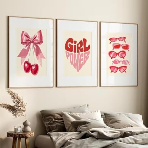 3er Rosa Poster Set,Ästhetische Rosa Fliege Kirsche Wandbilder,Poster Aesthetic Room Decor Room Deco,Aesthetic Bilder Kunstdruck für Schlafsaal Teen Mädchen Zimmer Deko,Ohne Rahmen (21*30cm)