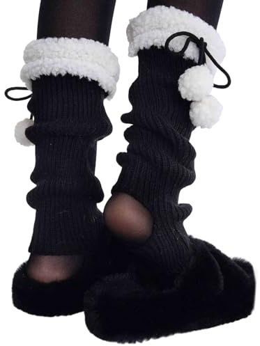 ZYKEJJDDAK Dam Lolitas stickade långbenstrumpor stigbyglar benvärmare vinter varma ankelstrumpor söta benskydd med plyschboll vinter fotskydd, Svart, one size