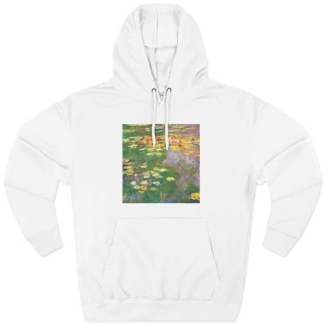 3dRose Water Lily Pond vintage Monet Three-Panel Fleece Hoodie White/XS